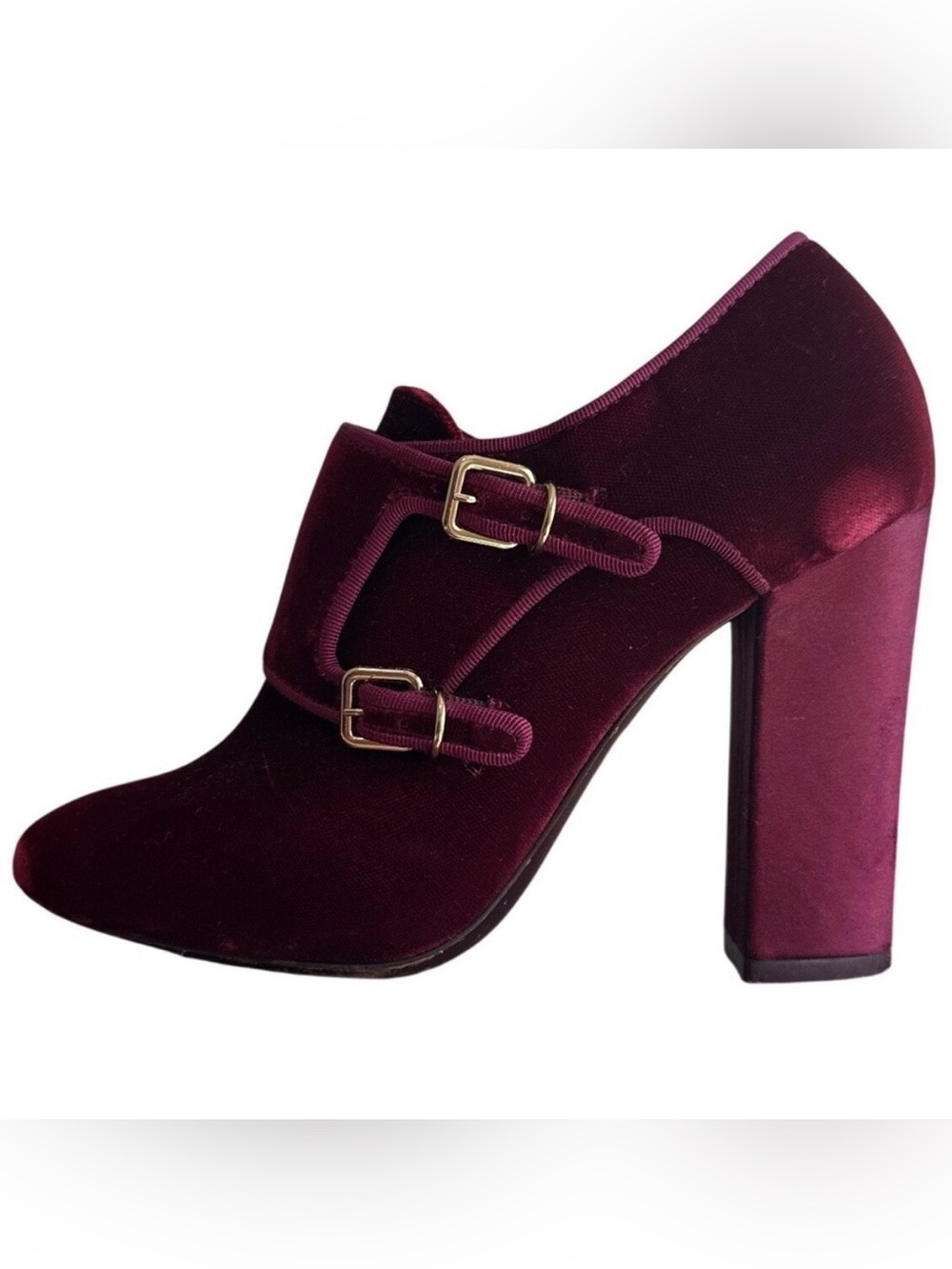 Tory Burch Carley Burgundy Velvet Double Buckle Block Heel Booties 6.5